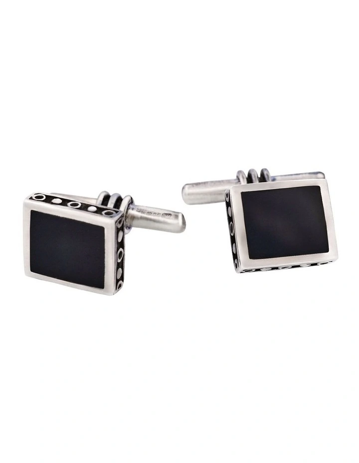 Square Sterling Silver Cufflinks with Onyx Inlay on T-Bar & Chain image 4