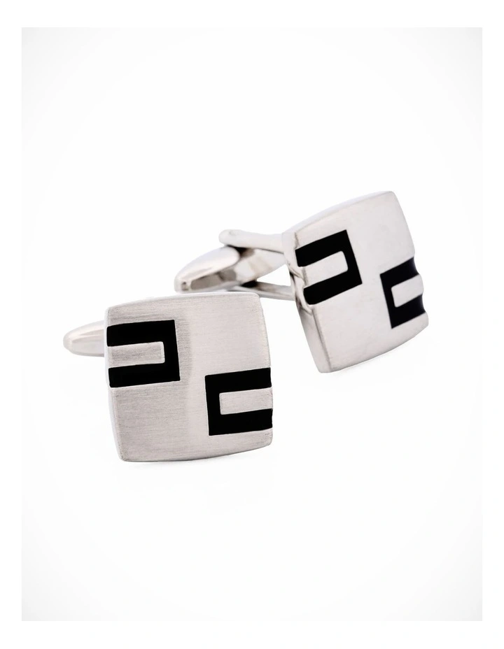 Rhodium Plated & Black Enamel Cufflinks image 1