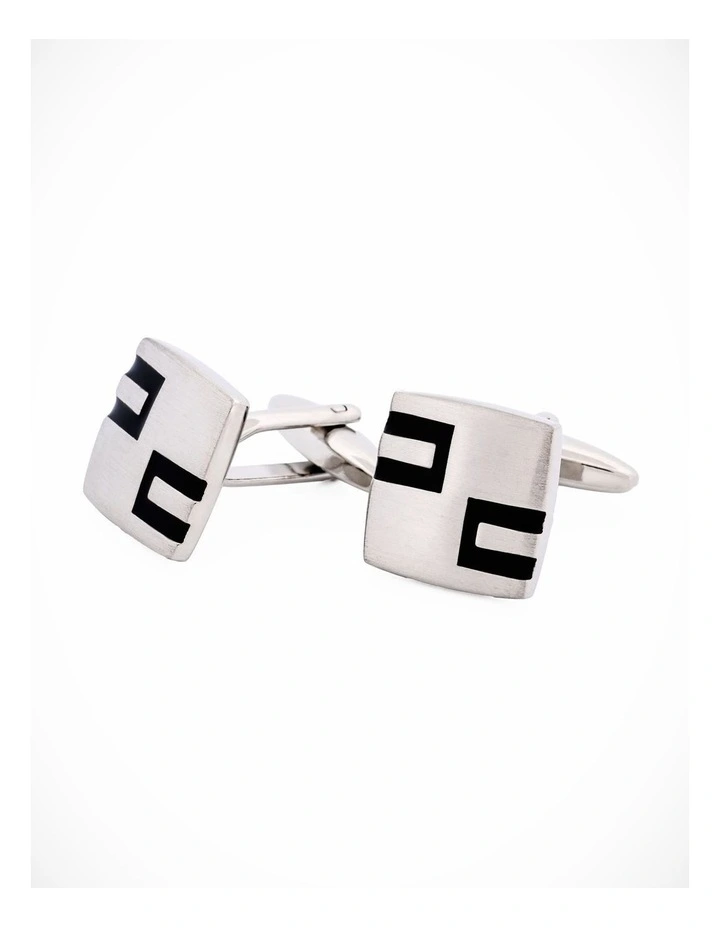 Rhodium Plated & Black Enamel Cufflinks image 2