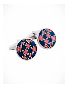 Polished Rhodium Plated Round Cufflinks with Blue & Red Enamel Checked Inlay