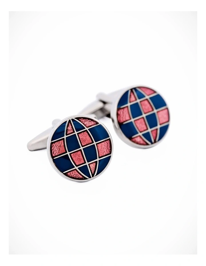 Polished Rhodium Plated Round Cufflinks with Blue & Red Enamel Checked Inlay image 1