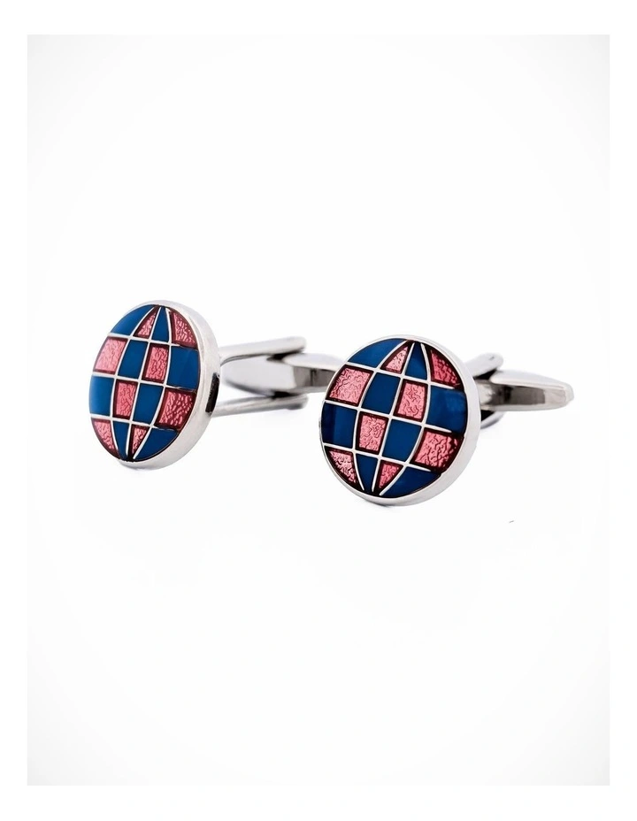 Polished Rhodium Plated Round Cufflinks with Blue & Red Enamel Checked Inlay image 2