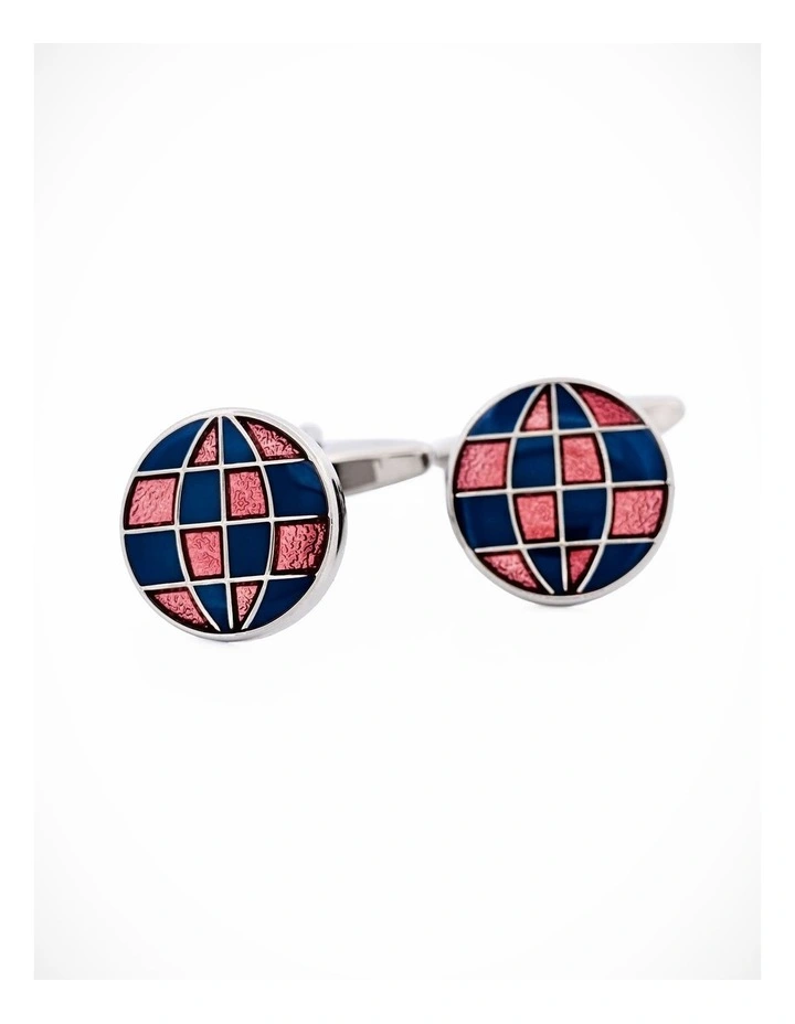Polished Rhodium Plated Round Cufflinks with Blue & Red Enamel Checked Inlay image 3