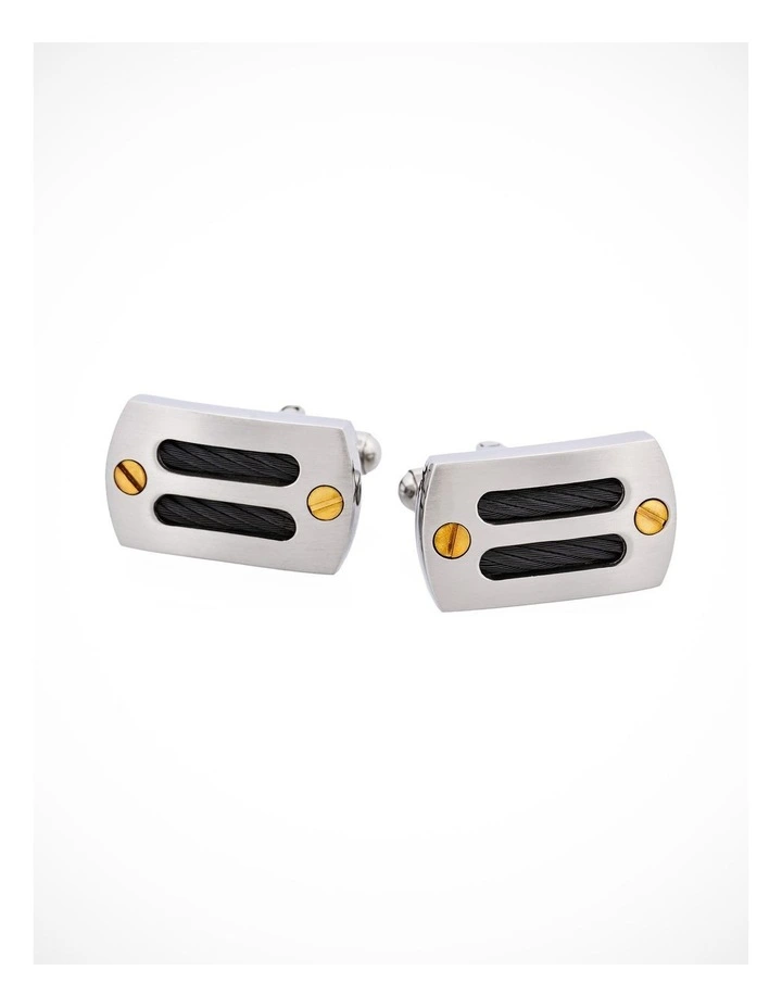 Brushed Stainless Steel Black Cable Wire & Gold Plated Screws Cufflinks image 1