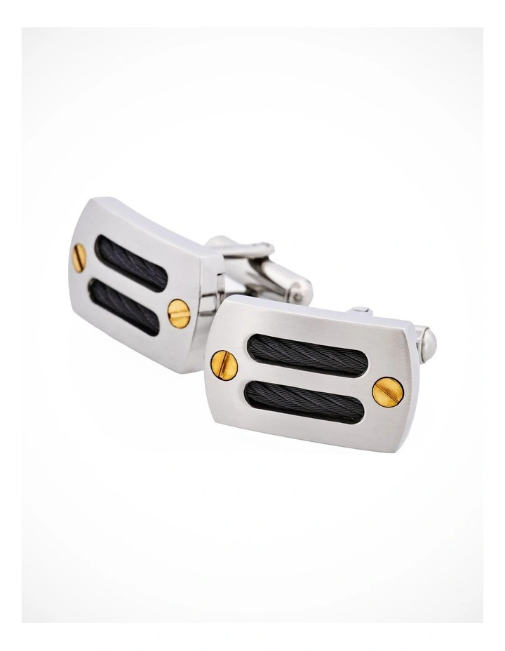 Brushed Stainless Steel Black Cable Wire & Gold Plated Screws Cufflinks image 2