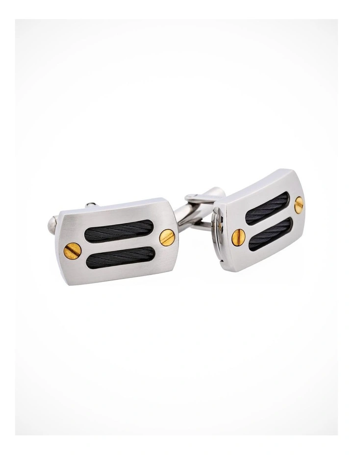 Brushed Stainless Steel Black Cable Wire & Gold Plated Screws Cufflinks image 3