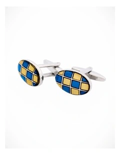 Blue & Gold Enamel Check Oval Cufflinks
