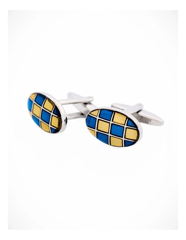 Blue & Gold Enamel Check Oval Cufflinks image 1