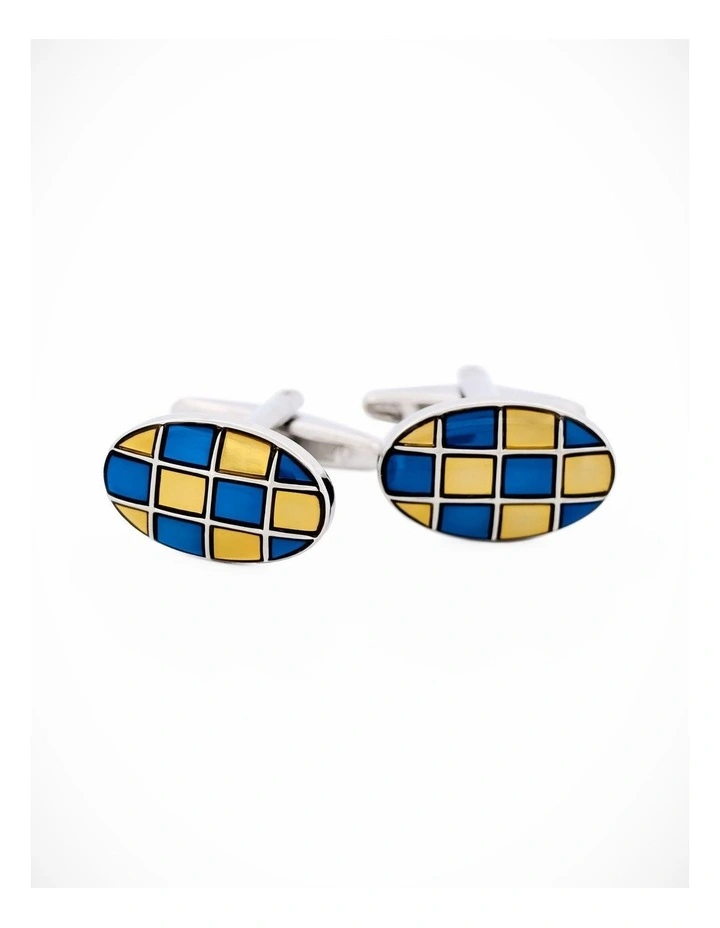 Blue & Gold Enamel Check Oval Cufflinks image 2