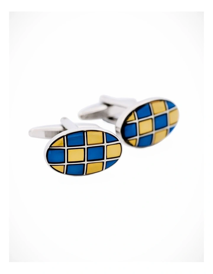 Blue & Gold Enamel Check Oval Cufflinks image 3