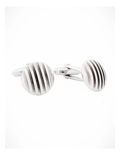 Rhodium Plated Self Striped 3d Round Cufflinks