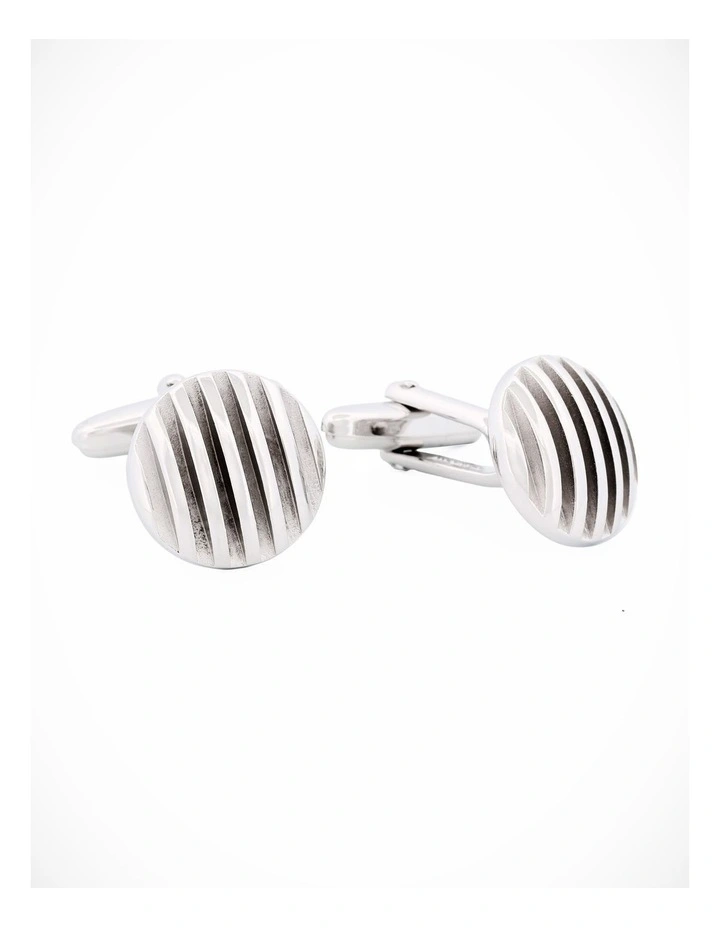 Rhodium Plated Self Striped 3d Round Cufflinks image 1