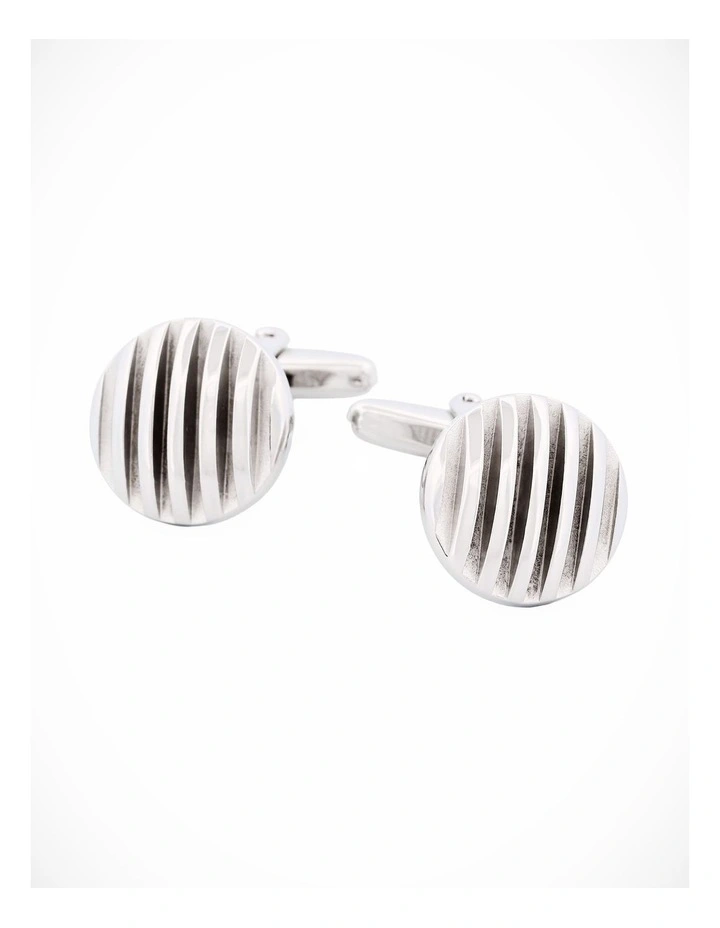 Rhodium Plated Self Striped 3d Round Cufflinks image 2