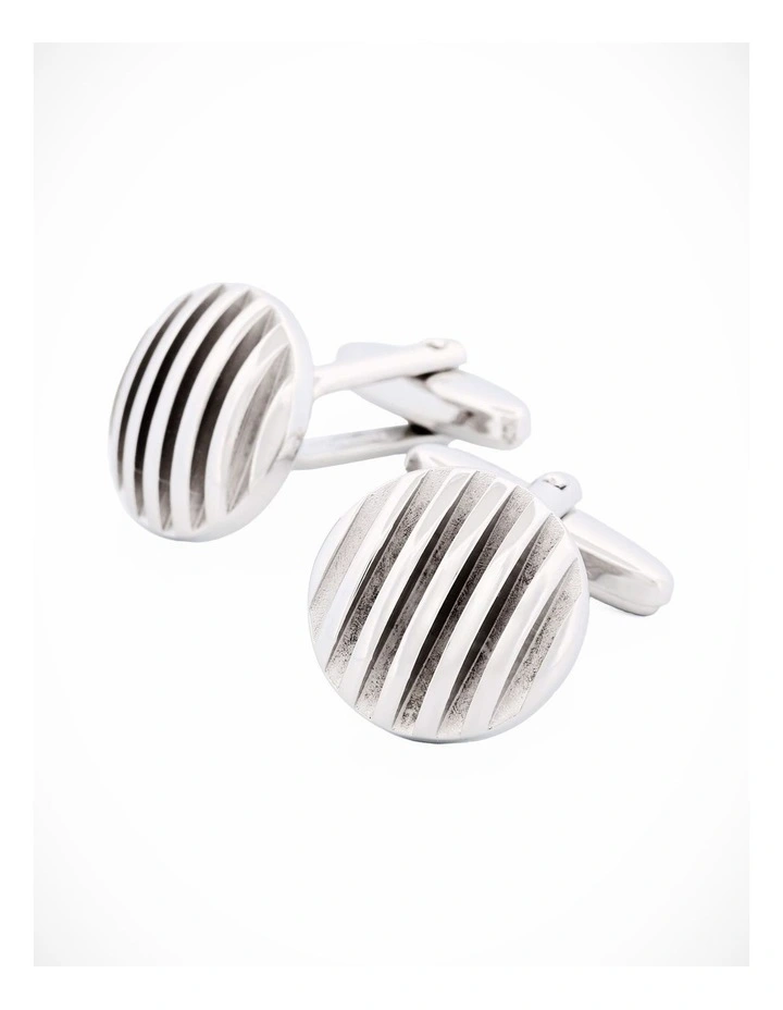 Rhodium Plated Self Striped 3d Round Cufflinks image 3