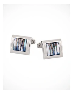 Polished Rhodium Square Curved White & Grey Mother Of Pearl Pattered Cufflinks