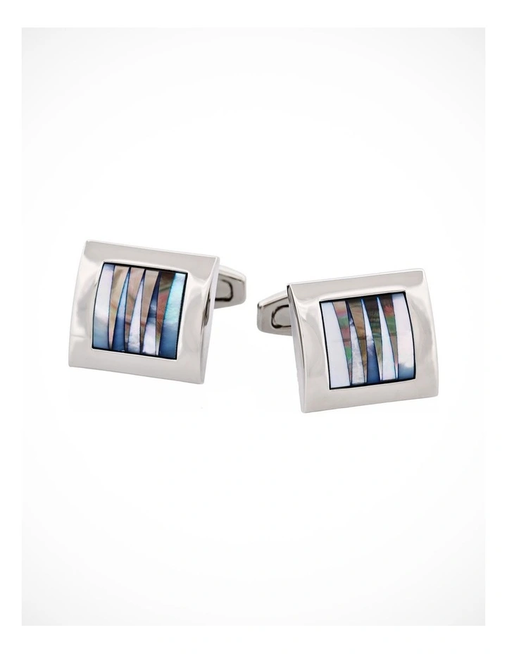Polished Rhodium Square Curved White & Grey Mother Of Pearl Pattered Cufflinks image 1