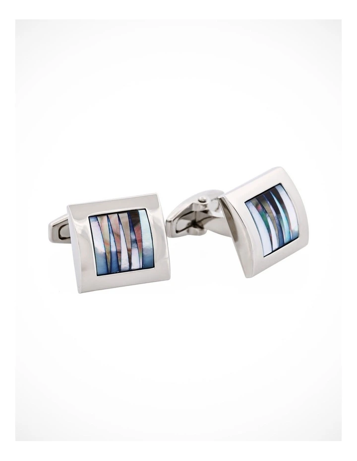 Polished Rhodium Square Curved White & Grey Mother Of Pearl Pattered Cufflinks image 2