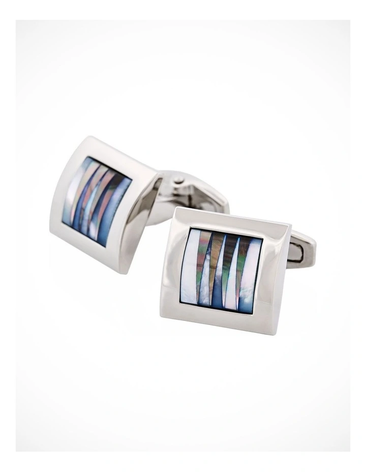 Polished Rhodium Square Curved White & Grey Mother Of Pearl Pattered Cufflinks image 3