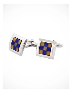 Blue & Yellow Check Square Rhodium Plated Cufflinks