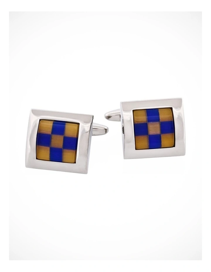 Blue & Yellow Check Square Rhodium Plated Cufflinks image 2