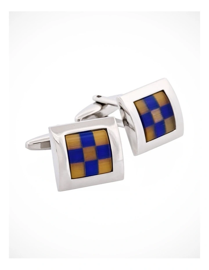 Blue & Yellow Check Square Rhodium Plated Cufflinks image 3