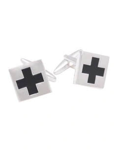 Black Enamel Cross on Rhodium Plated Square Cufflinks