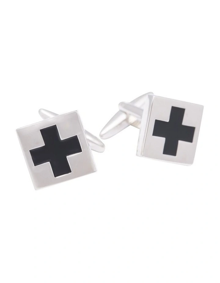 Black Enamel Cross on Rhodium Plated Square Cufflinks image 1