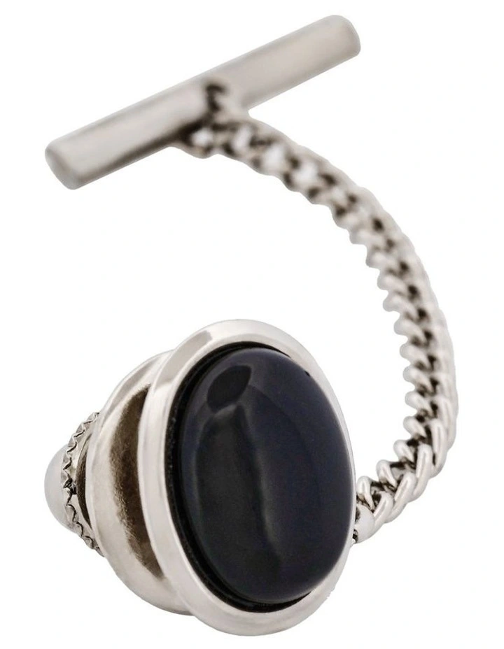 Rhodium Plated Onyx & Oval Tie Tak & Chain image 3
