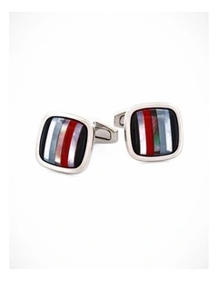 Rhodium Plated with Onyx & Mop & Hemataite & Black Lip Red Glass Cufflinks