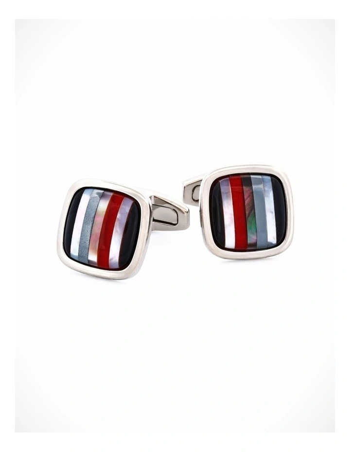 Rhodium Plated with Onyx & Mop & Hemataite & Black Lip Red Glass Cufflinks image 1