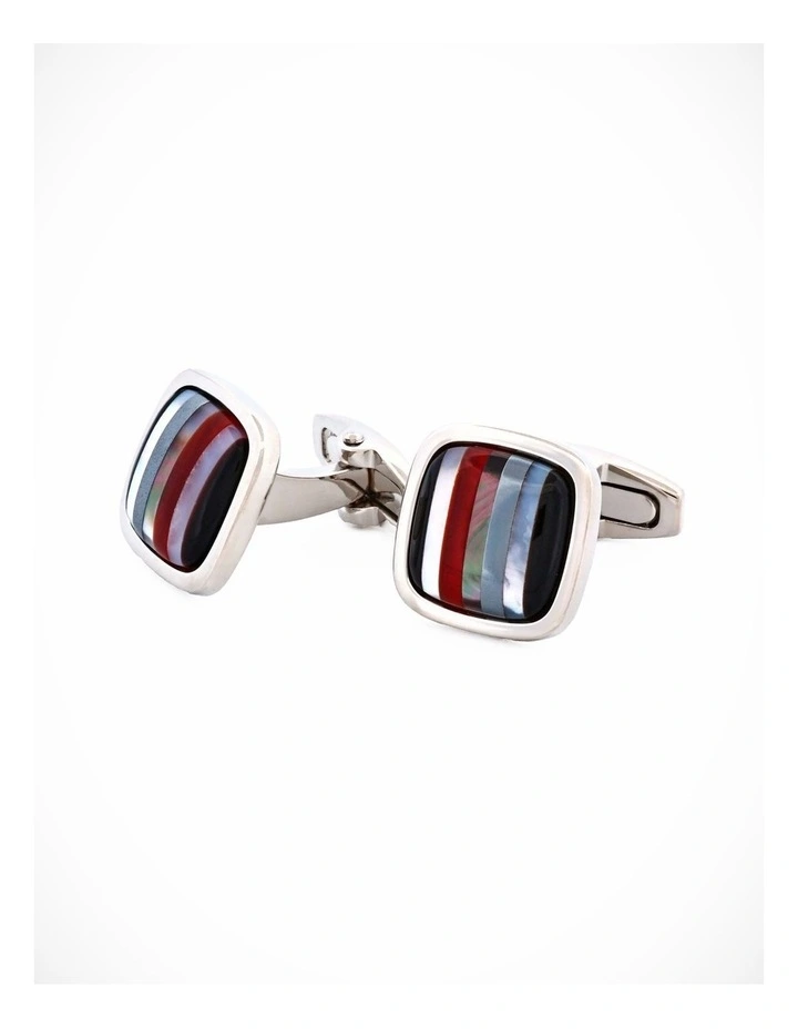 Rhodium Plated with Onyx & Mop & Hemataite & Black Lip Red Glass Cufflinks image 2