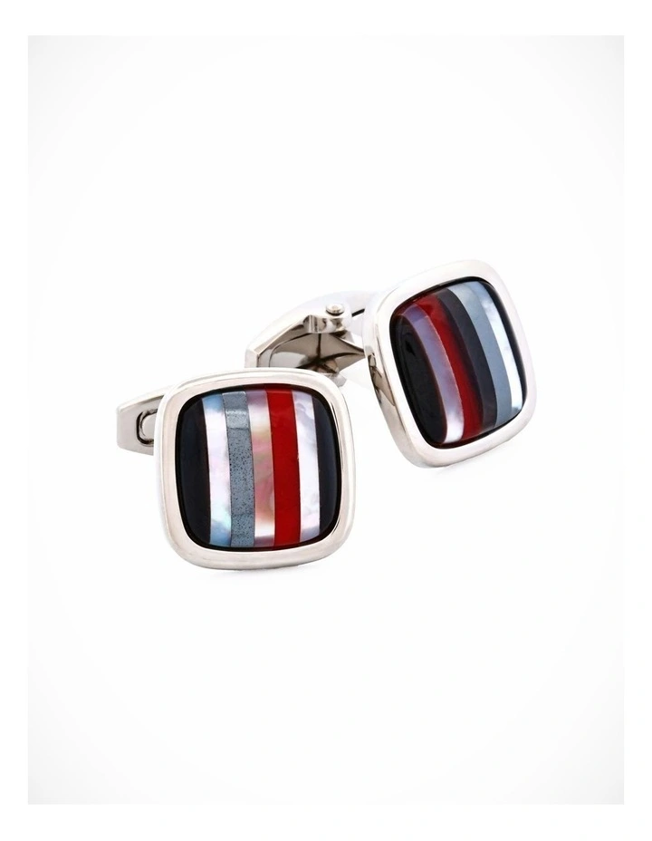 Rhodium Plated with Onyx & Mop & Hemataite & Black Lip Red Glass Cufflinks image 3