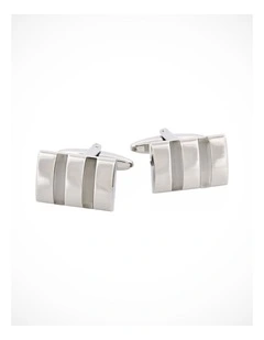Polished Rhodium Plated Rectangle Cufflinks with Twin White Cats Eye Inlays