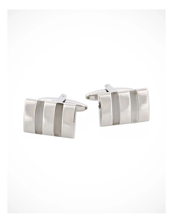 Polished Rhodium Plated Rectangle Cufflinks with Twin White Cats Eye Inlays image 1