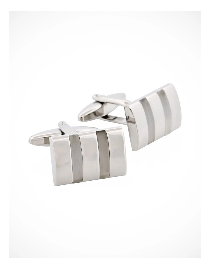 Polished Rhodium Plated Rectangle Cufflinks with Twin White Cats Eye Inlays image 2