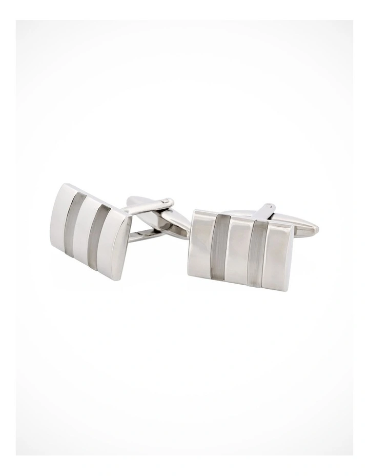 Polished Rhodium Plated Rectangle Cufflinks with Twin White Cats Eye Inlays image 3
