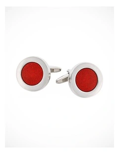 Polished Rhodium Plated Round Cufflinks with Maroon Enamel Inlay