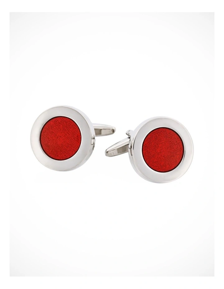 Polished Rhodium Plated Round Cufflinks with Maroon Enamel Inlay image 1