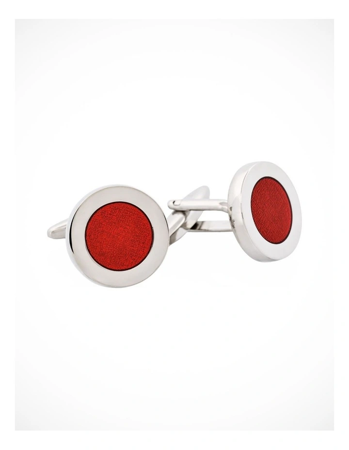 Polished Rhodium Plated Round Cufflinks with Maroon Enamel Inlay image 2