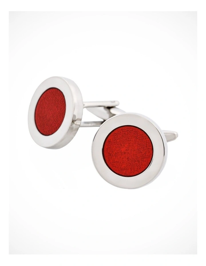Polished Rhodium Plated Round Cufflinks with Maroon Enamel Inlay image 3