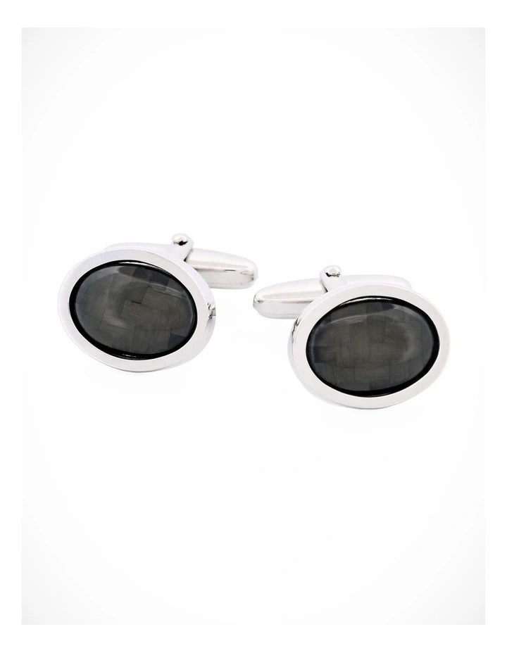Rhodium Plated Carbon Fibre Oval Cufflinks image 1