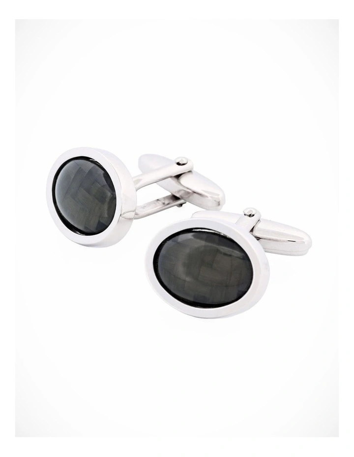 Rhodium Plated Carbon Fibre Oval Cufflinks image 2