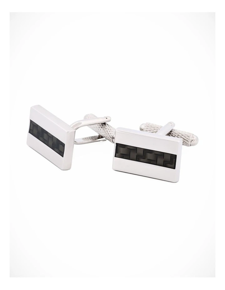 Rhodium Plated Rectangle Carbon Fibre Inlay Cufflinks image 1
