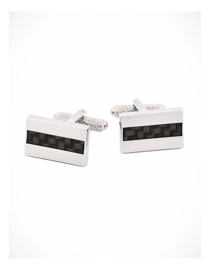 Rhodium Plated Rectangle Carbon Fibre Inlay Cufflinks image 2