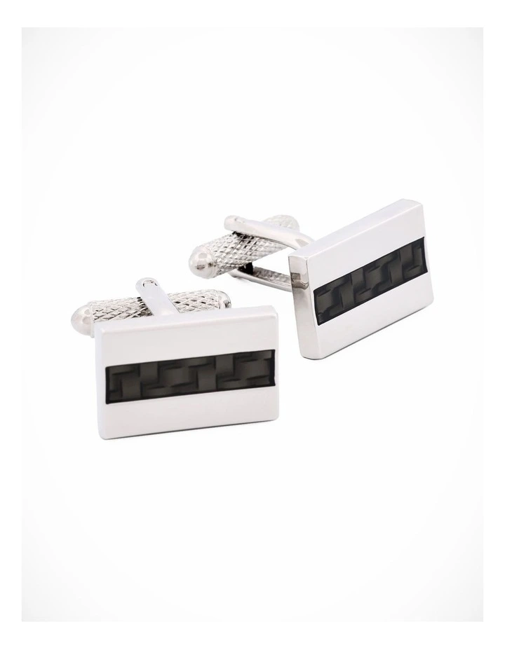 Rhodium Plated Rectangle Carbon Fibre Inlay Cufflinks image 3