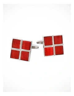 Polished Rhodium Plated Square Cufflinks with 4 Crimson Enamel Inlays