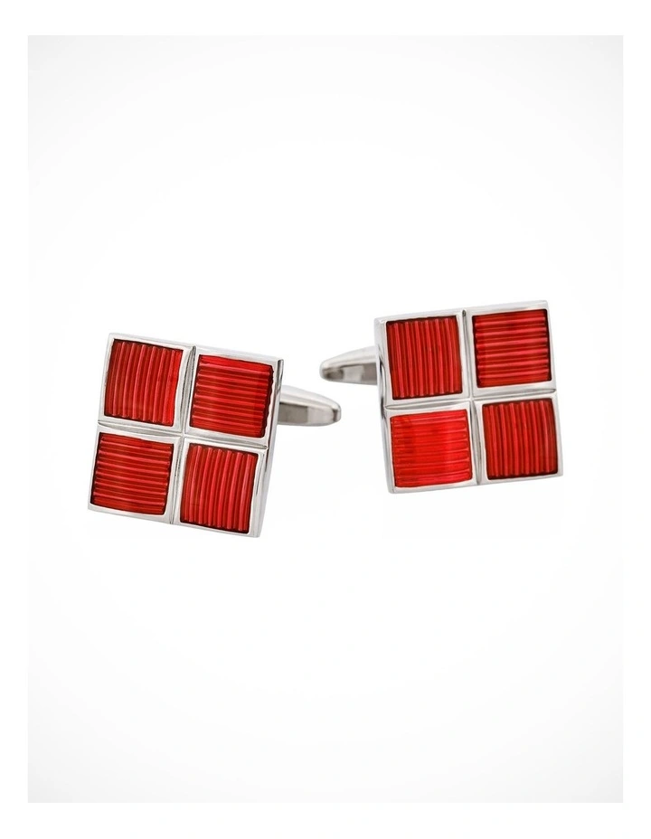 Polished Rhodium Plated Square Cufflinks with 4 Crimson Enamel Inlays image 1