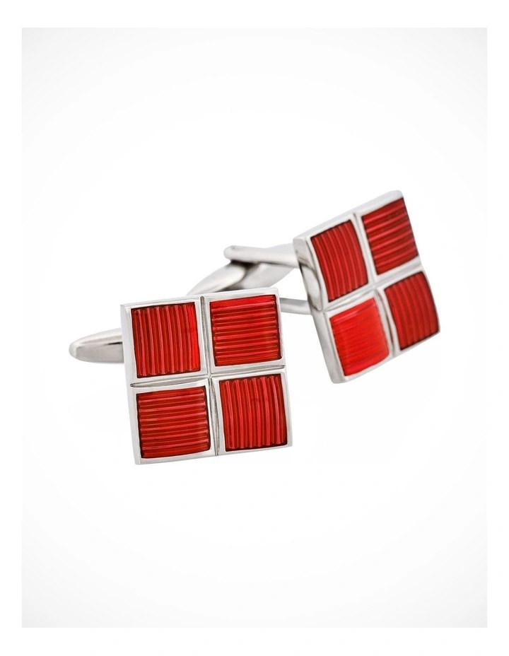 Polished Rhodium Plated Square Cufflinks with 4 Crimson Enamel Inlays image 2