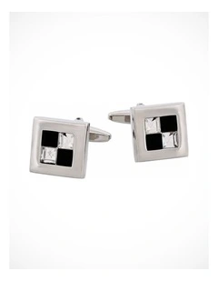 Rhodium Plated Jet & Crystal Check Cufflinks