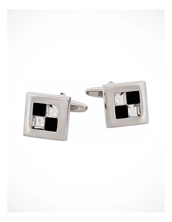 Rhodium Plated Jet & Crystal Check Cufflinks image 1